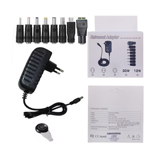Adaptador Universal de 12W a 30W AC/3V a 12V DC com 8 Pontas Adaptadoras e Plugue MicroUSB LED 2.000 mA (máx.) Preto Adaptador Universal de 12W a 30W AC/3V a 12V DC com 8 Pontas Adaptadoras e Plugue MicroUSB LED 2.000 mA (máx.) Preto